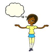 cartoon woman making open arm gesture with thought bubble N6