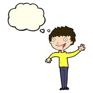cartoon happy boy waving with thought bubble N12