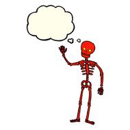 cartoon waving skeleton with thought bubble N6
