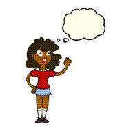 cartoon worried woman waving with thought bubble N10