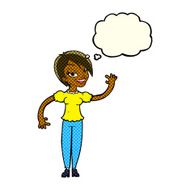 cartoon woman waving with thought bubble N190