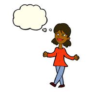 cartoon woman with no worries thought bubble N19