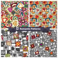 Set of romantic patterns with doodle hearts