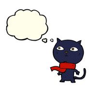 cartoon black cat wearing scarf with thought bubble N3