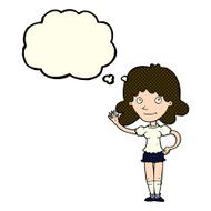 cartoon woman waving with thought bubble N191
