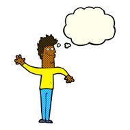 cartoon happy waving man with thought bubble N6