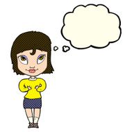 cartoon woman gesturing at self with thought bubble N16