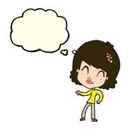 cartoon happy woman pointing with thought bubble N37