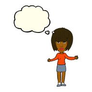 cartoon woman shrugging shoulders with thought bubble N271