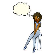 cartoon pretty girl on stool with thought bubble N5