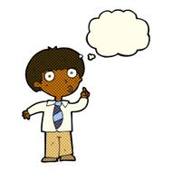 cartoon school boy with question thought bubble N5