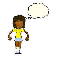 cartoon woman looking sideways with thought bubble N6