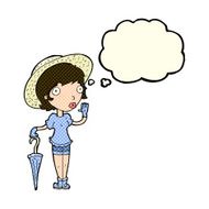 cartoon woman in summer hat waving with thought bubble N6