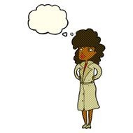 cartoon woman in trench coat with thought bubble N14