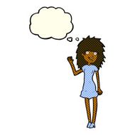 cartoon happy woman waving with thought bubble N5