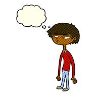 cartoon suspicious boy with thought bubble N5