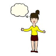 cartoon woman shrugging shoulders with thought bubble N277