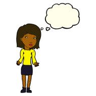 cartoon woman shrugging shoulders with thought bubble N278