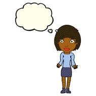 cartoon woman shrugging shoulders with thought bubble N279