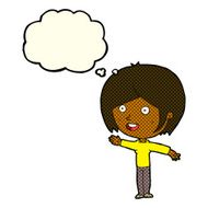 cartoon happy girl waving with thought bubble N6