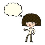 cartoon happy woman pointing with thought bubble N39