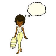 cartoon woman going to bed with thought bubble N5