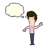 cartoon nervous man waving with thought bubble N11