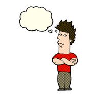 cartoon man sulking with thought bubble N6