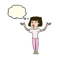 cartoon woman holding up hands with thought bubble N11