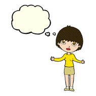 cartoon woman shrugging with thought bubble N35