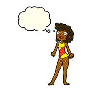 cartoon woman in swimming costume with thought bubble N6
