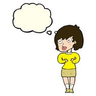 cartoon woman making Who Me? gesture with thought bubble N27