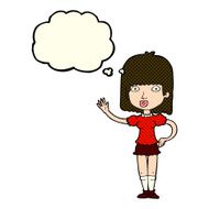 cartoon woman waving with thought bubble N201