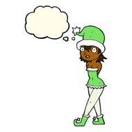 cartoon woman in christmas elf costume with thought bubble N6