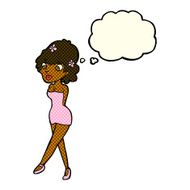 cartoon woman posing in dress with thought bubble N19