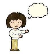 cartoon woman gesturing welcome with thought bubble N6