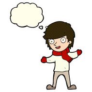 cartoon boy in winter clothes with thought bubble N5