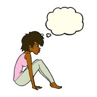 cartoon woman sitting with thought bubble N10