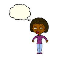 cartoon woman shrugging shoulders with thought bubble N281