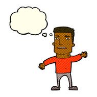 cartoon waving stressed man with thought bubble N6