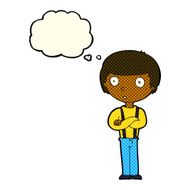 cartoon staring boy with folded arms thought bubble N6