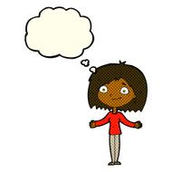 cartoon woman shrugging shoulders with thought bubble N284