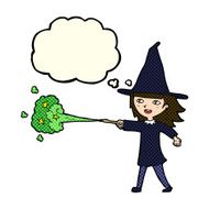 cartoon witch girl casting spell with thought bubble N10