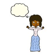 cartoon worried victorian woman with thought bubble N5