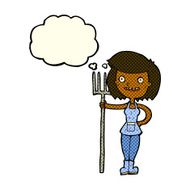 cartoon happy farmer girl with thought bubble N5