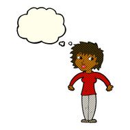 cartoon woman shrugging shoulders with thought bubble N285