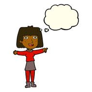 cartoon happy woman pointing with thought bubble N40