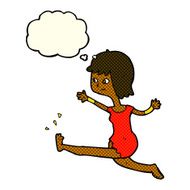 cartoon happy woman kicking with thought bubble N5