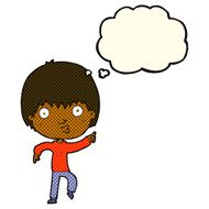 cartoon impressed boy pointing with thought bubble N6