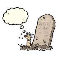 cartoon zombie rising from grave with thought bubble N3
